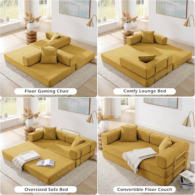 4-in-1 Folding Convertible Floor Sofa Bed 78 Oversized Compression Sofa No Assembly Required King Futon Lazy Couch Corduroy Loveseat Sleeper with Pull Out Bed Modular Futon Couch