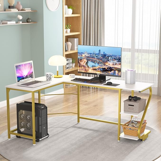 Weehom L Shape Desk with Shelves Computer Desk Monitor Shelf and Printer Storage Round Corner Table for Home Office White Gold