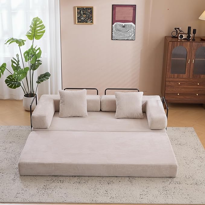 Corduroy Light Grey Folding Convertible King Size Sofa Bed with Pillows Modern Floor Couch 76.77L x 37.4W x 23.62H