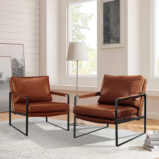 Art Leon Chairs for Bedrooms Set of 2 Mid Century Modern Chair Faux Leather Accent Chair for Living Room Chair Lounge Chair with Black Metal Legs Red Brown