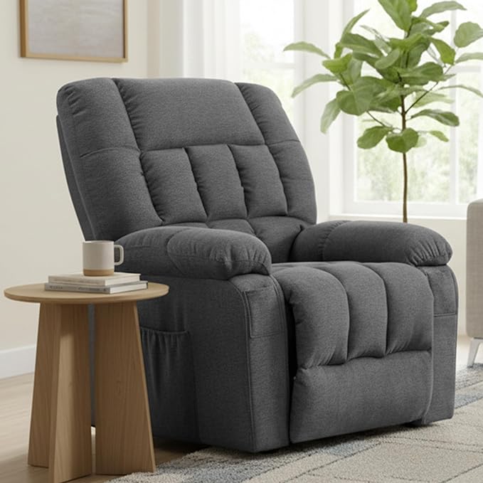HealSmart Power Lift Recliner Chair with Massage &amp Heat Overstuffed Fabric Reclining Chair with Remote Side Pockets for Living Room &amp Bedroom Grey