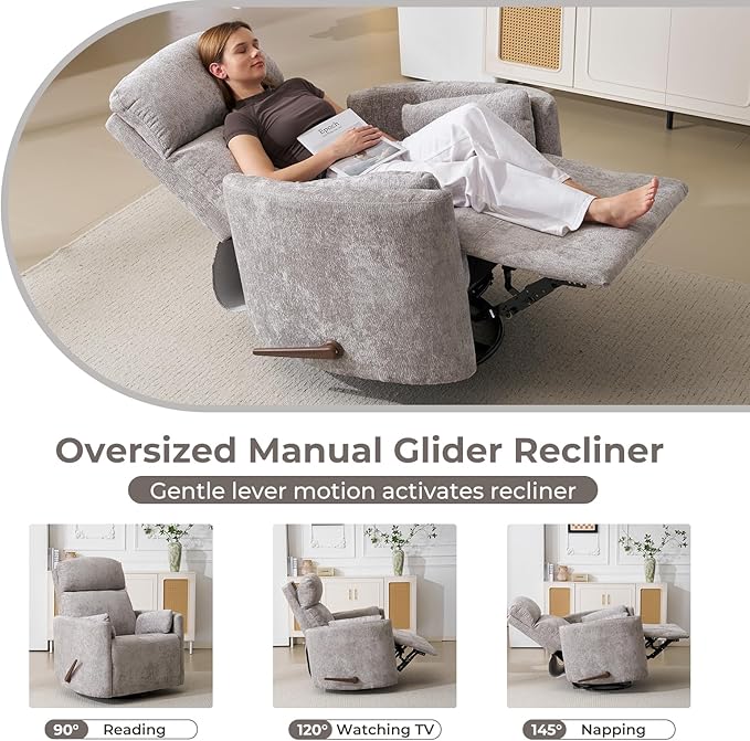 Oversized Swivel Rocker Recliner with Massage and Heat Rocker Nursery Recliner for Adults with Adjustable Headrest 26 Extra Wide Nursery Chair with 2 Pillows Light Grey