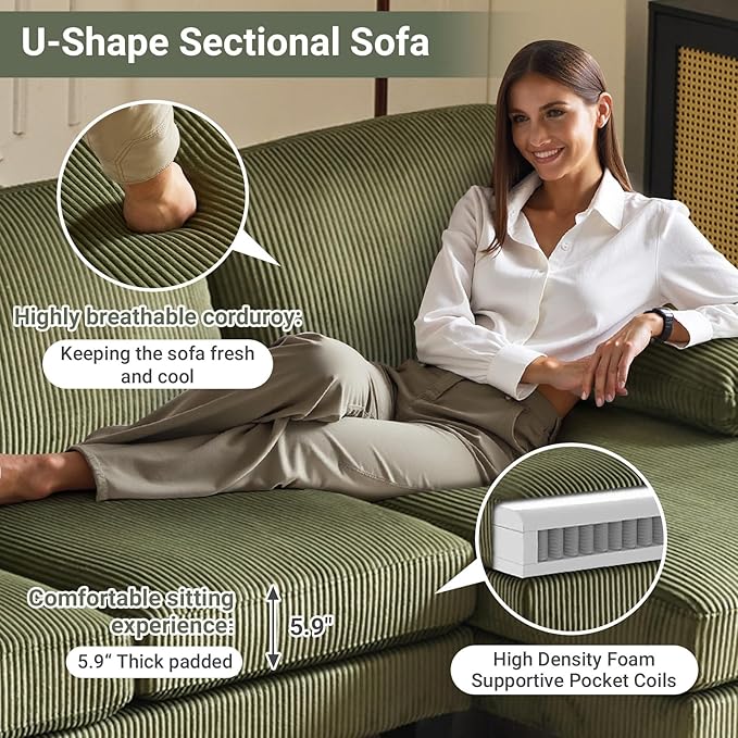 VINGLI 110 Sectional Couches for Living RoomU Shaped Couch with Double Chaise 4-Seat Sofa Set with Corduroy Fabric for Home FurnitureGreen