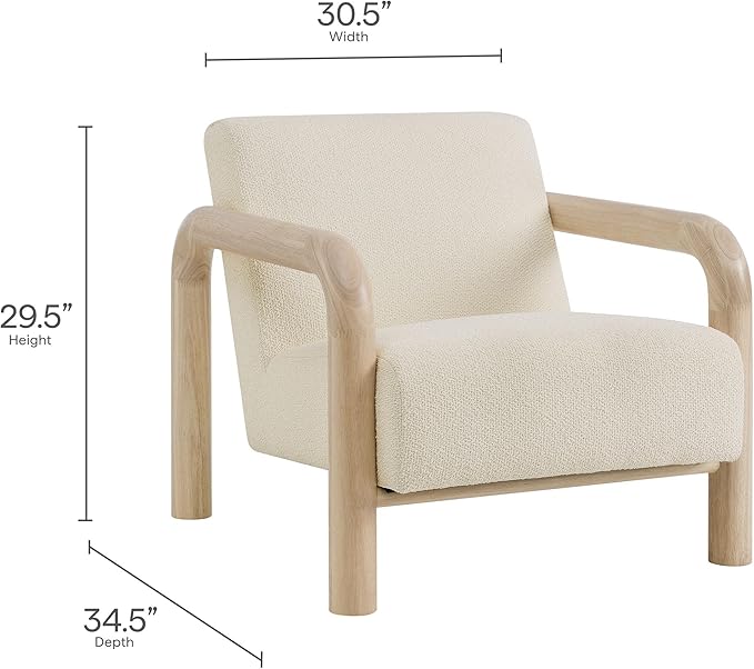 Modway Sereno Modern Boucle Fabric Accent Chair in Cream Oak with Rounded Wood Armrests – Upholstered Lounge Chair for Living Room or Bedroom