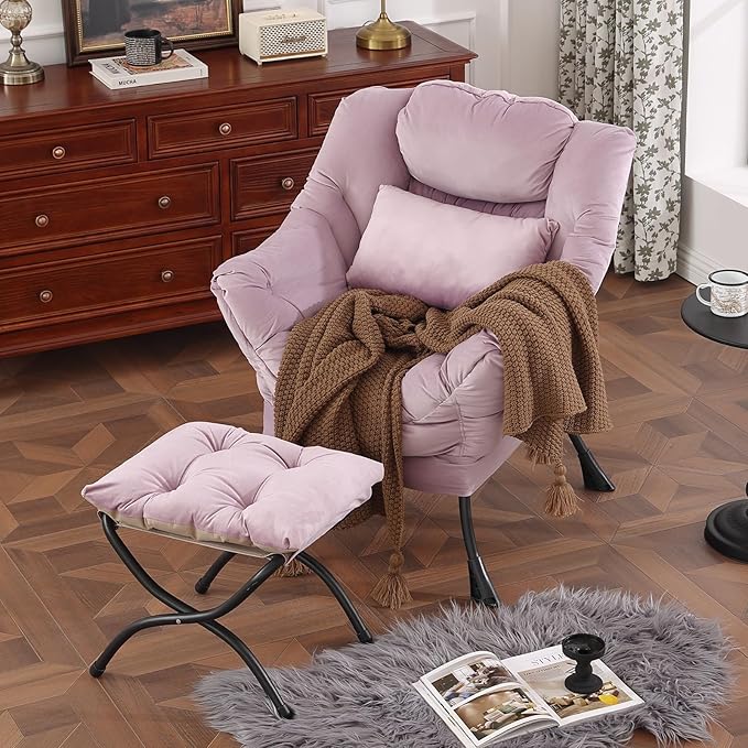 Lazy Chair with Ottoman Modern Accent Chair with Lumbar Pillow Velvet Light Purple Sofa Armchairs with Folding Footrest Oversized Supportive Chairs for Bedroom Reading