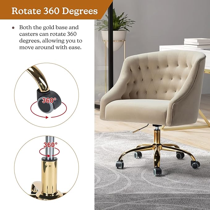 Velvet Home Office Chair with Gold Base Comfortable Modern Cute Desk Chair Adjustable Swivel Task Chair for Living Room Bedroom Vanity Study Tan