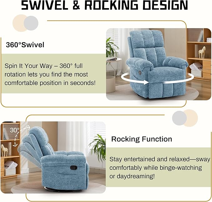 Recliner Chair Swivel Rocker Recliner Chair for Adults Small Recliners for Small Spaces Manual Recliner Chair with Side Pockets Nursery Rocking Chair for Living Room Chenille Airy Blue