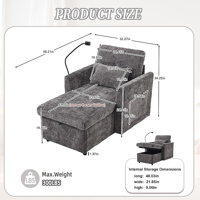 Oversized Multifunctional Recliner Chair with Phone Holder Chenille Ergonomic Lazy Boy Recliner Chair with Storage Backrest Swivel Rocking Chair for Living Room (Gray)