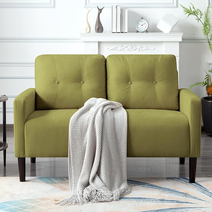 Loveseat Sofa Small Couch for Small Spaces Modern Linen Fabric 2-Seater Sofa with Solid Wood Legs Easy Assembly Apartment Couch for Living Room Office (Green)