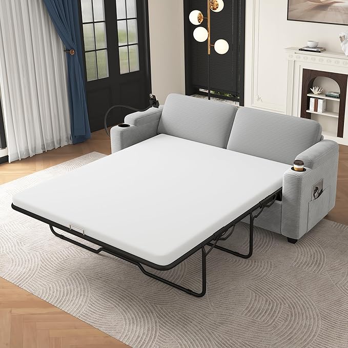 Merax 72.8 Corduroy Sleeper Sofa Bed with Full Size Mattress Futon Couches with USB Ports | Phone &amp Cup Holders| Side PocketsPull Out Couch for Living Room Small Loveseat Grey