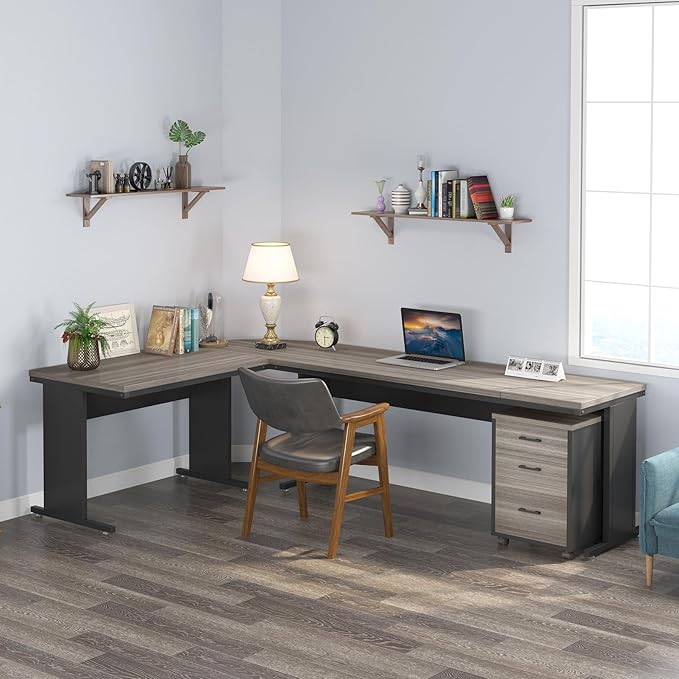 Tribesigns 83 L-Shaped Executive Desk Reversible Modern Office Desk with Drawers &amp Rolling File Cabinet Large Corner Computer Desk Business Workstation for Home Office (Gray)