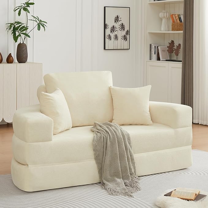71 Boneless Couch Loveseat Folding Sofa Bed Convertible Round Floor Couch for Living RoomSleeper for Living RoomApartment Office. (1 Beige 71)
