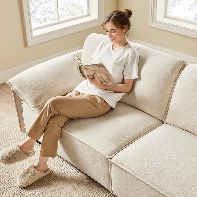 VANOMi 94.5 Sofa Couch for Living Room Modern Comfy 3-Seater Sofas Chenille Small Couches for Small Spaces Upholstered Deep Seat Couch for Bedroom Apartment (Beige)