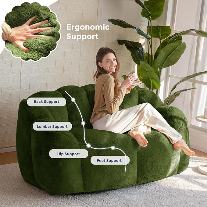 MAXYOYO Bean Bag Chair for Adults Loveseat Floral Shaped Bean Bag Sofa Ultra Soft Love Seat Mini Sofa Couch Faux Fur Reading Chair for Living Room Bedroom Green
