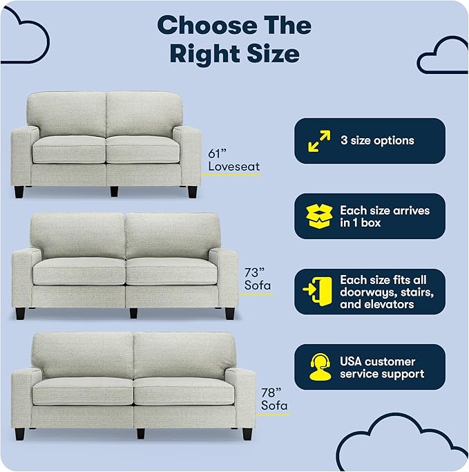 Serta Palisades 73 Track Arm Sofa Easy Care Polyester Soft Pillow Back Pocket Coil Seat Cushions Removable Covers Loveseat or Couch for Small Spaces Living Rooms or Bedrooms Pebble Gray