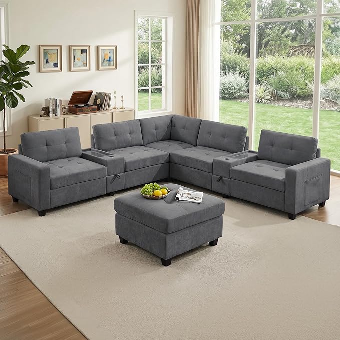103'' Modular Sectional Sofa couch with 2 Acrylic Consoles Oversized U Shaped Couch Set with USB Charger Storage DrawersPockets and Movable Ottoman Chenille Sectional Couches for Living Room Gray