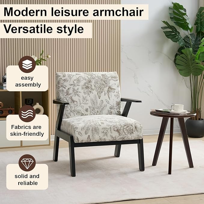Furniliving Refined Texture Wooden Accent Chair for Living Room Upholstered Embroidery Lounge Chair with Solid Wood Frame Comfortable Reading Armchairs for Bedroom