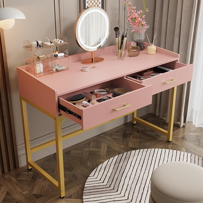 WESTREE Computer Gaming Desk Office - Study Writing Desk with Drawer for Teen Bedroom Makeup Desk Home Office with Storage Shelf Height Monitor Stand Pink