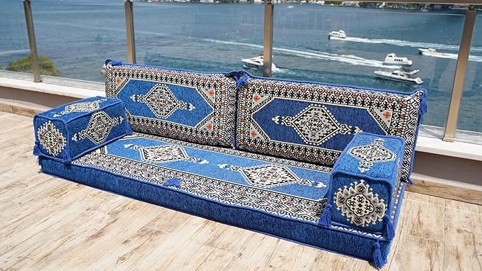Single Arabic Floor Seating Cushions Arabic Majlis Floor Sofa Reading Nook Loveseat Sofa Single Floor Couch Ottoman Floor Pillows (Blue)