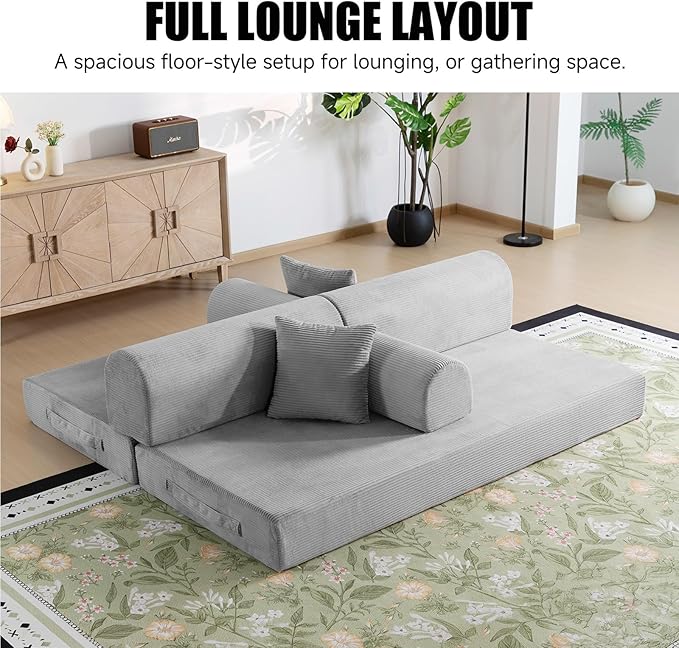78.8 Boneless Memory Foam Couch Corduroy Convertible Floor Sofa Bed Fold-Out Sleeper Futon Loveseat Wide Armrests &amp Supportive Back 1200 lb Couch in a Box 2 Pillows Light Grey