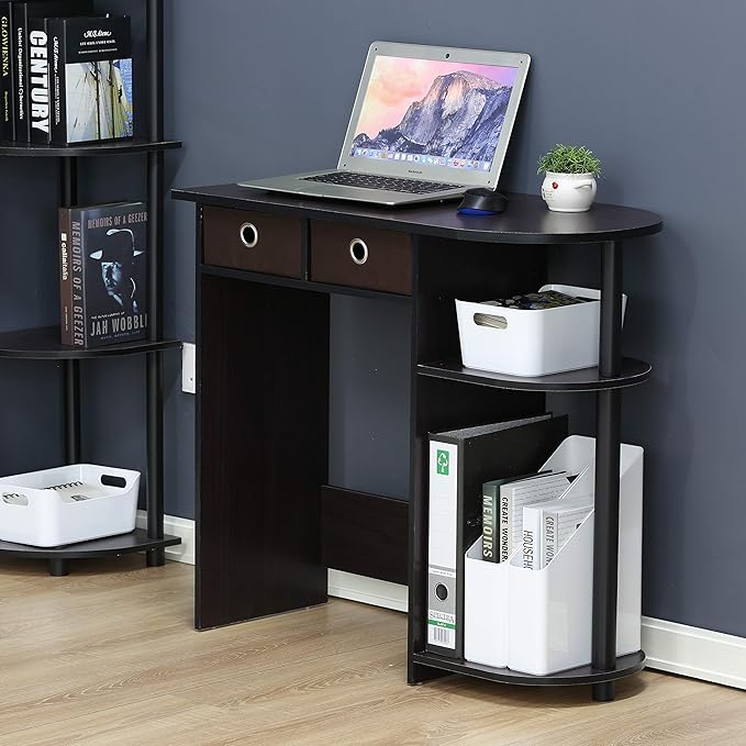 Furinno GO GREEN Desk 31.5 Wide Gaming Desk with 2 Side Shelves and Storage Bins Computer Desk Office Desk for Home Office Study Room Dorm Bedroom Dark Walnut