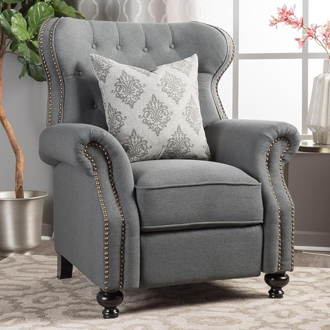 Pushback Recliner Chair Fabric Armchair Push Back Recliner with Rivet Decoration Mid Century Wingback Accent Chair for Living Room Bedroom Stable Hump Feet (Charcoal)