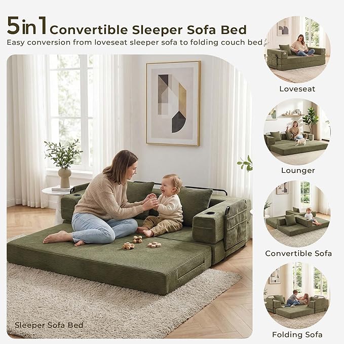 WELAX 72.8 Convertible Sleeper Sofa Bed Boneless Cloud Queen Futon Couches with Cupholders &amp Storage Pockets Corduroy Folding Floor Couch for Bedroom Apartment No Assembly Forest Green