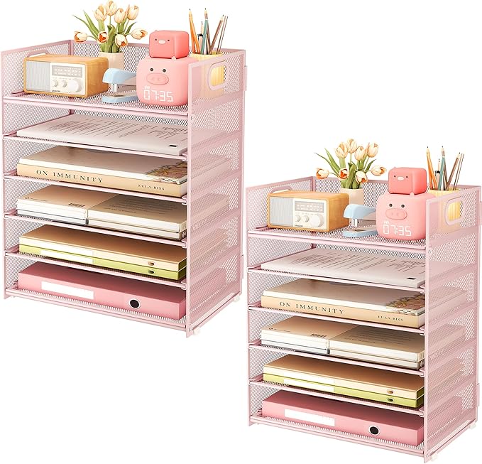 Subekyu 6-Tier Desk Paper Organizer Desktop File Letter Tray with Handle Document Sorter and Accessories Holder for Office Home and School Workspace Organizers Pink-2 Pack