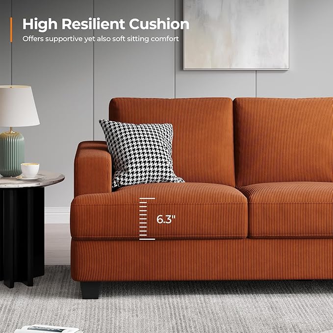 89 Inch Sofa with Extra Deep Seats Oversize 3 Seater Sofa for Living Room Modern Couch and Sofa Comfy Armrests and Seats and Backrests Easy Installation Corduroy Fabric Rust
