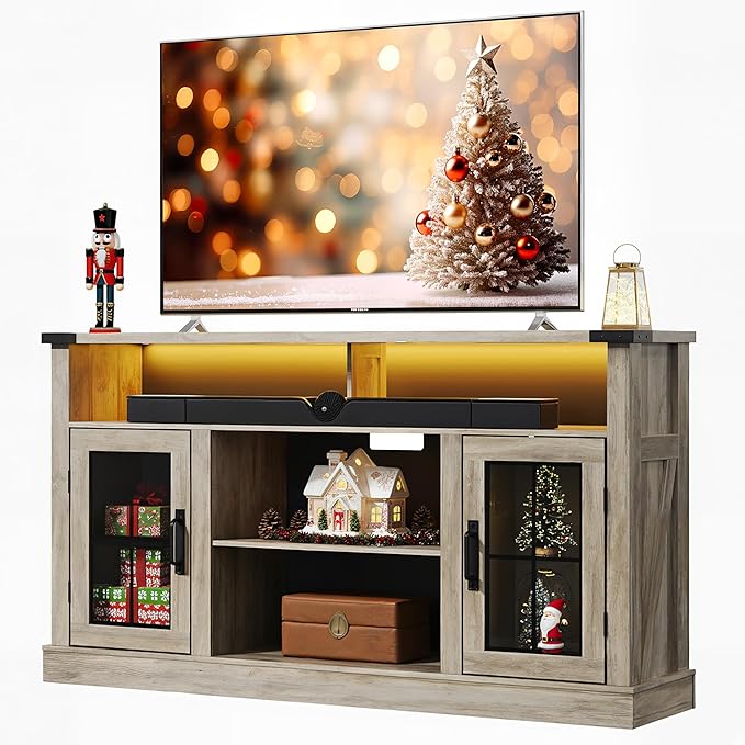 WLIVE Farmhouse TV Stand for 65 Inch TV Tall Entertainment Center with LED Lights &amp Storage Cabinets TV Media Console Table with Adjustable Shelf for Living Room Bedroom Home Theater Gray Oak