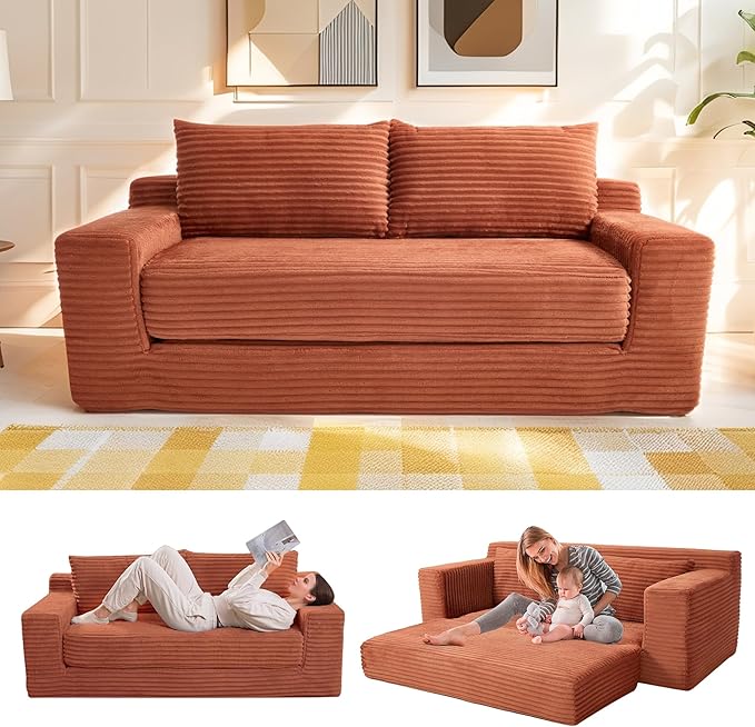 Boneless Couch 2 in 1 Convertible71 Corduroy Cloud Loveseat SofaMemory Foam Couch in a BoxNo Assembly Small Sofa for Living RoomApartments Home OfficeBedroom-Orange