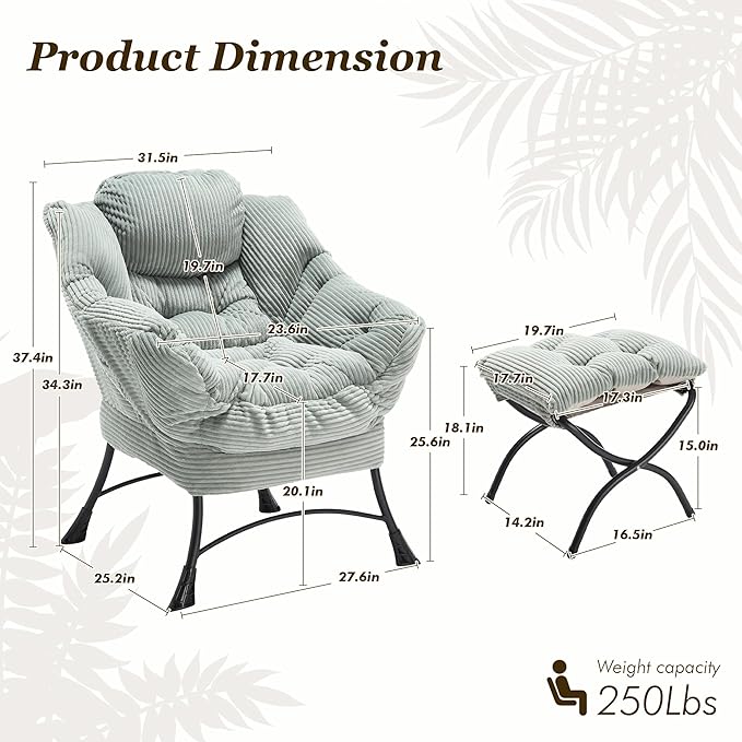 QQU Lazy Chair with Ottoman Corduroy Lounge Armchair Reading Chair with Footrest for Living Room Balcony Study (Green)