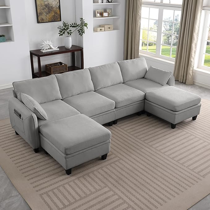U Shaped Sectional Sofa for Living Room 4+2 Modular Chenille Fabric Couch with Storage Solid Eucalyptus Wood Frame Comfortable Modern Sectional