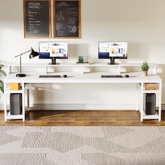 Tribesigns 78.74 Inches Extra Long Two-Person Desk Double Computer Desk with Monitor Stand and Storage Shelves Study Work Table for Home Office (White)