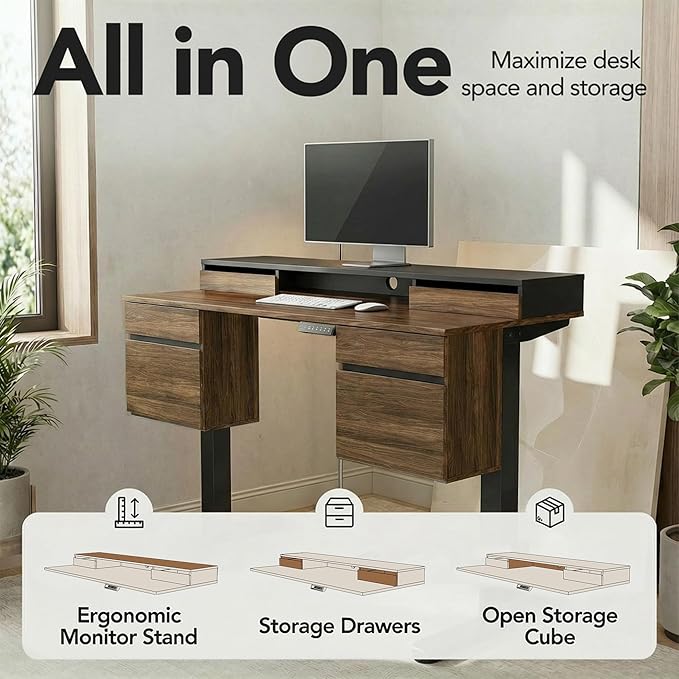 ErGear Electric Standing Desk with 6 Drawers 55 Inch Height Adjustable Stand Up Desk with Storage Computer Workstation with Monitor Stand for Home Office Black Walnut
