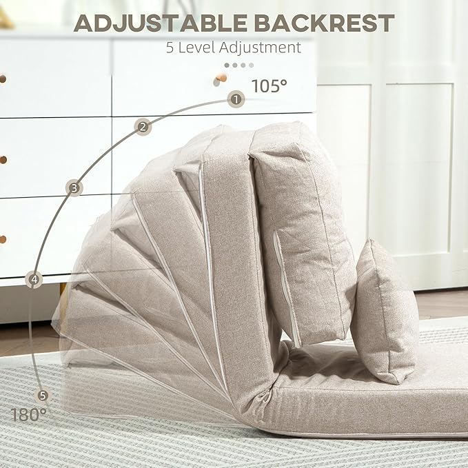 HOMCOM Convertible Flip Chair Floor Lazy Sofa Folding Upholstered Couch Bed with Adjustable Backrest Metal Frame and Pillows for Living Room Bedroom Beige