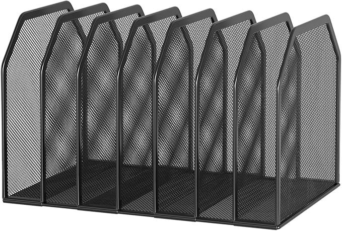 Metal 7-Section File Folder Organizer for Desk | Vertical Office File Holder | Heavy-Duty Mesh Document Sorter for Books Binders Laptops | Black Desk Organizer (12.8”x8.5”x7.9”)