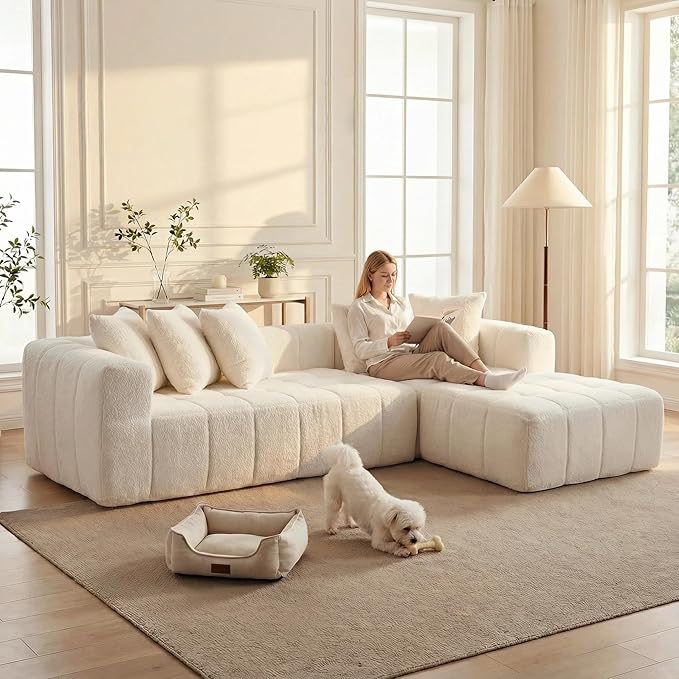 107.9“Cloud Sectional Boneless Couch Modular Sofa with Deep Seat 5 Pillows L-Shaped Free Combination Soft Boucle Fabric 1400 lbs Capacity Living Room Apartment. (Cream Right Hand Facing) | No Assembl