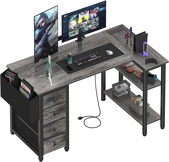 Lufeiya L Shaped Computer Desk with Drawers &amp Storage Shelves 47 Inch Small Corner Desk with Power Outlet for Home Office Bedroom L-Shaped Gaming PC Desks with Fabric Drawer Gray