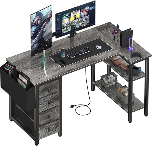 Lufeiya L Shaped Computer Desk with Drawers &amp Storage Shelves 47 Inch Small Corner Desk with Power Outlet for Home Office Bedroom L-Shaped Gaming PC Desks with Fabric Drawer Gray