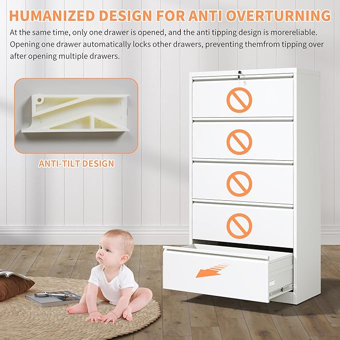 5 Drawer File Cabinet with Lock Locking Metal Filing Cabinet for Home Office Under Desk Storage Cabinet Organizer with Small DrawersWhite