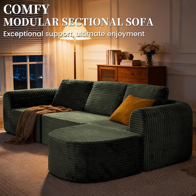 108” Modular Sectional Sofa Boneless Couches for Living Room Deep Seat L-Shape Cloud Couch with ChaiseComfy Sofa Freely Change Configurations No Assembly RequiredSoft Plush Corduroy Fabric(Green)