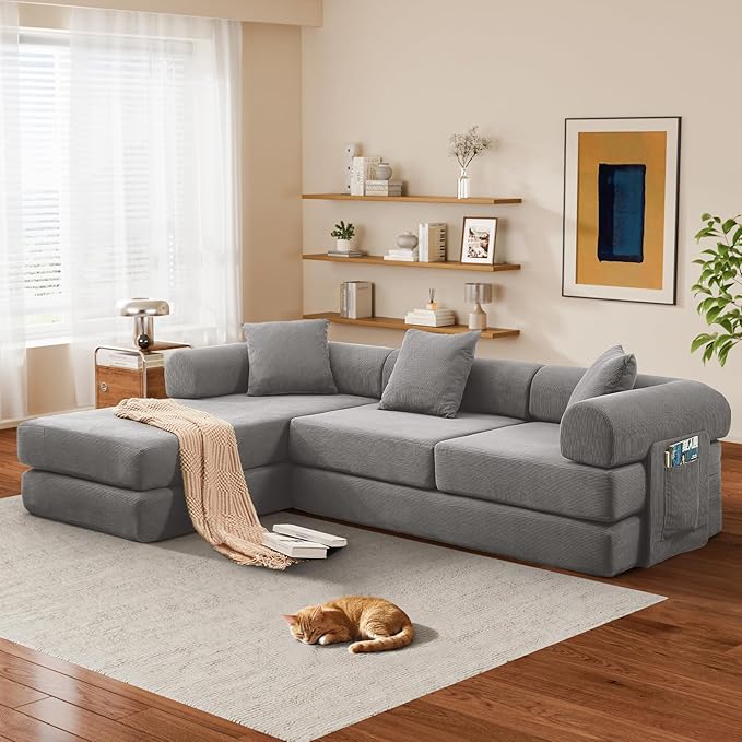 L Shaped Modular Sofa Bed with Cylindrical Pillow &amp Reversible Chaise Corduroy Folding Convertible Floor Sofa Couch Bed with Fixed-Shape Frame &amp Storage Pocket for Living Room Grey