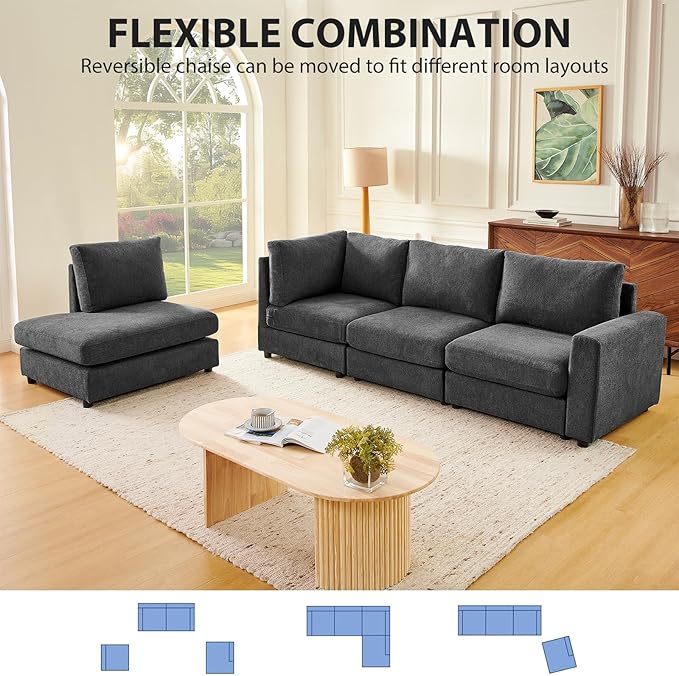 100 L-Shaped Couch with Reversible Chaise Chenille Modular Sectional Sofa 4-Seater Corner Couch for Living Room Apartment Dark Grey