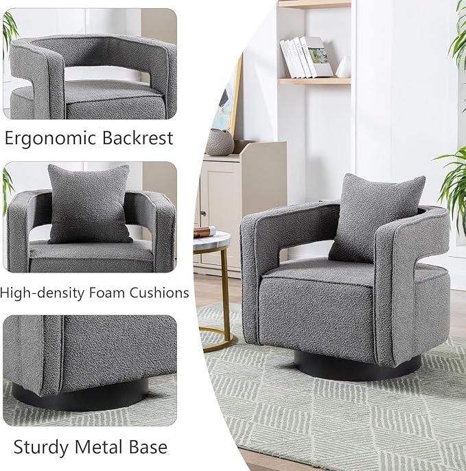 Swivel Barrel Chair Set of 2 Modern Teddy Round Accent Chairs Curved Open Back 360 Degree Swivel Arm Chair with Pillow Single Sofa Chair for Living Room BedroomGrey