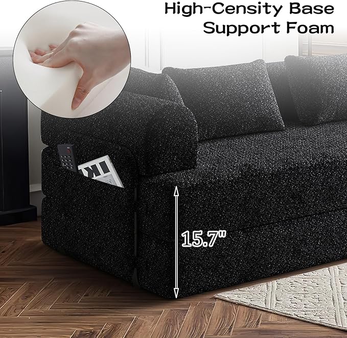 Convertible Floor Sofa Bed 79 Compression Sofa Foldable Sleeper Couch Bed Modular Sectional Couch Comfy Loveseat No Assembly Required for Living Room Guest Room Chenille Fabric Black