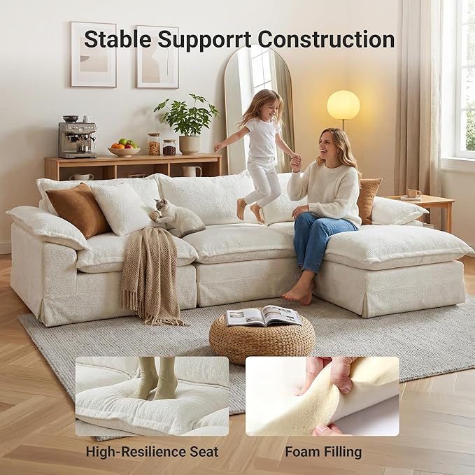 Claiks 123 Modular Boneless Couch U Shaped Couch for Living Room Modern Deep Seat Sofa 3 Seater Chenille Fabric Comfy Cloud Couches with Movable Ottoman Beige