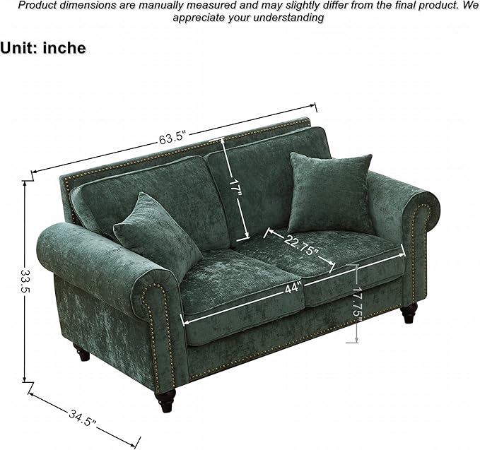Loveseat Velvet Fabric Two- Seater Couch Buckle Design and Rivet Decoration Deep Seated Double Sofa Suitable for Living Room Bedroom Apartment Hotel etc (green-01)