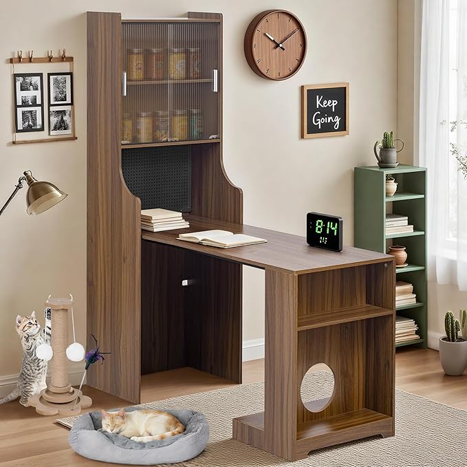Fold Out Desk with Storage Craft Storage Cabinet Murphy Desk Extendable Hidden Desk for Small Space Cat Bed Table with LED &amp Pegboard Multi-functional Secretary Desk for Home Office Living Room