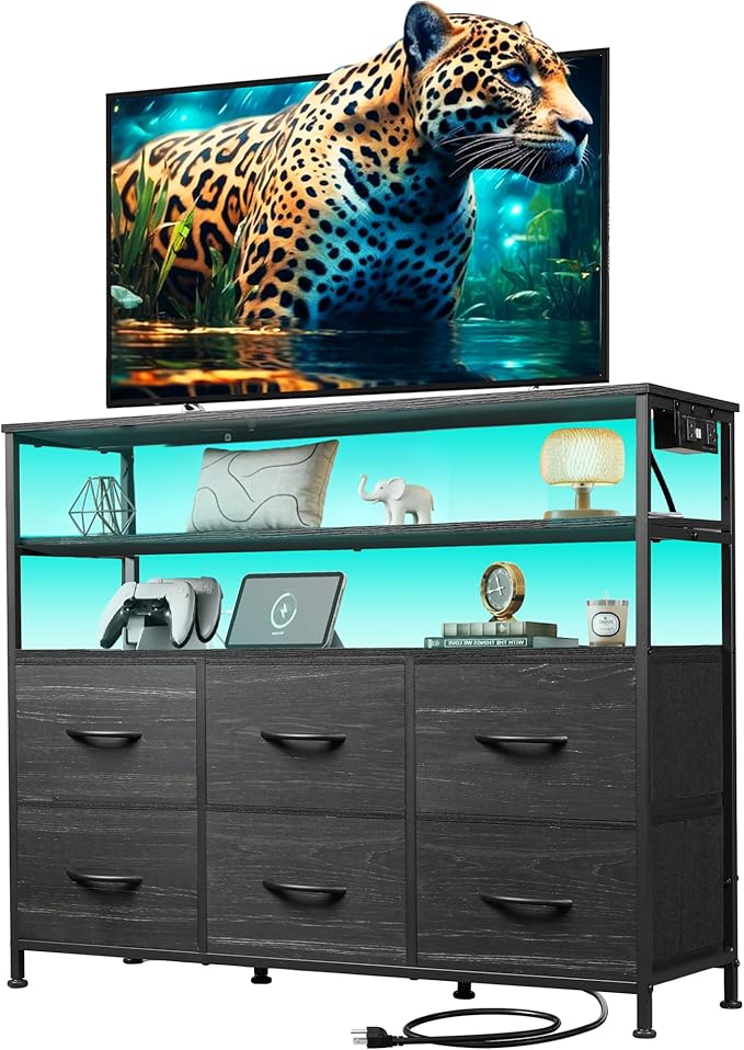 TV Stand for 40 45 inch TV Entertainment Center with LED Lights &amp Charging Station TV Media Console Table with 6 Drawers and Open Shelves for Living Room Charcoal Black Wood Grain Print